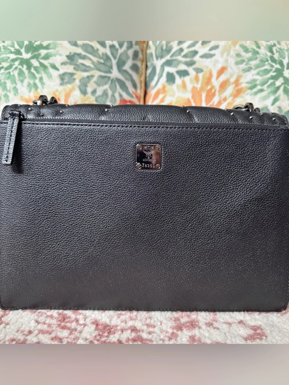MMCM Black Stud-Accent Crossbody with Gunmetal Chain